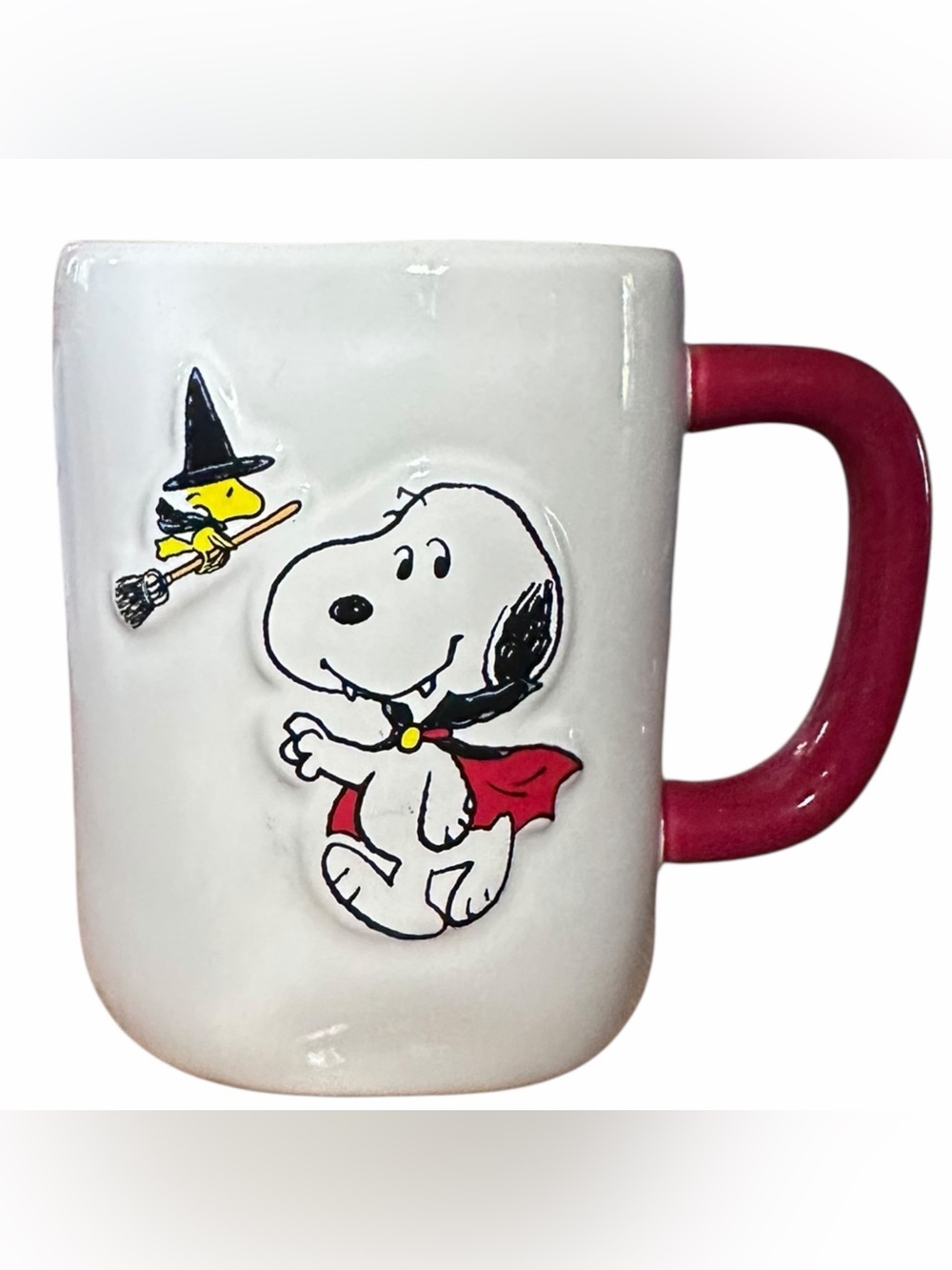 Rae Dunn × Peanuts Halloween "Caution, I Bite" 3D ceramic Snoopy Woodstock mug.
